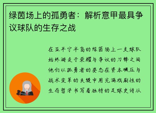 绿茵场上的孤勇者：解析意甲最具争议球队的生存之战